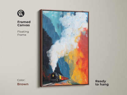 Framed canvas art featuring a steam train in an abstract mountain scene. The brown floating frame complements the vibrant teal red yellow landscape. It is a ready to hang art print perfect for a study room or office.