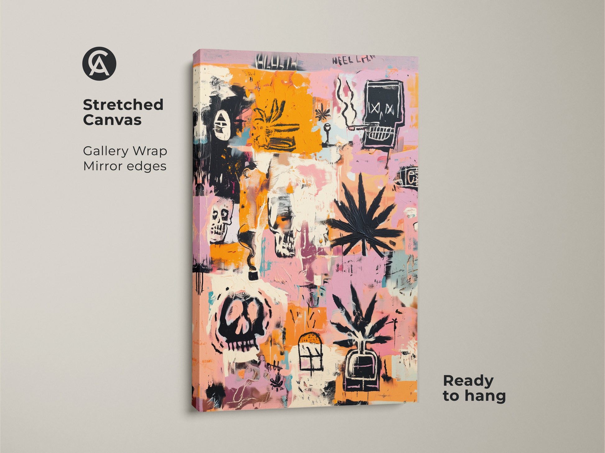 Stretched canvas art features skulls and cannabis leaves. This gallery-wrapped artwork has mirror edges. Ready to hang. The graffiti art style makes a bold statement. Perfect for modern art lovers. Enhance your space with this unique canvas print.