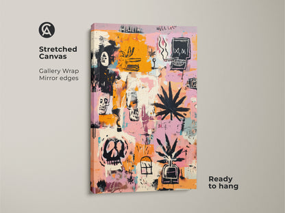 Stretched canvas art features skulls and cannabis leaves. This gallery-wrapped artwork has mirror edges. Ready to hang. The graffiti art style makes a bold statement. Perfect for modern art lovers. Enhance your space with this unique canvas print.