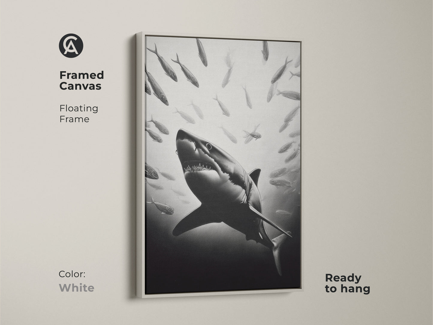 Framed canvas with floating frame in white color. The ocean wildlife artwork is ready to hang. This black and white decor is a perfect statement piece for shark lovers. Add a unique blend of art and nature.
