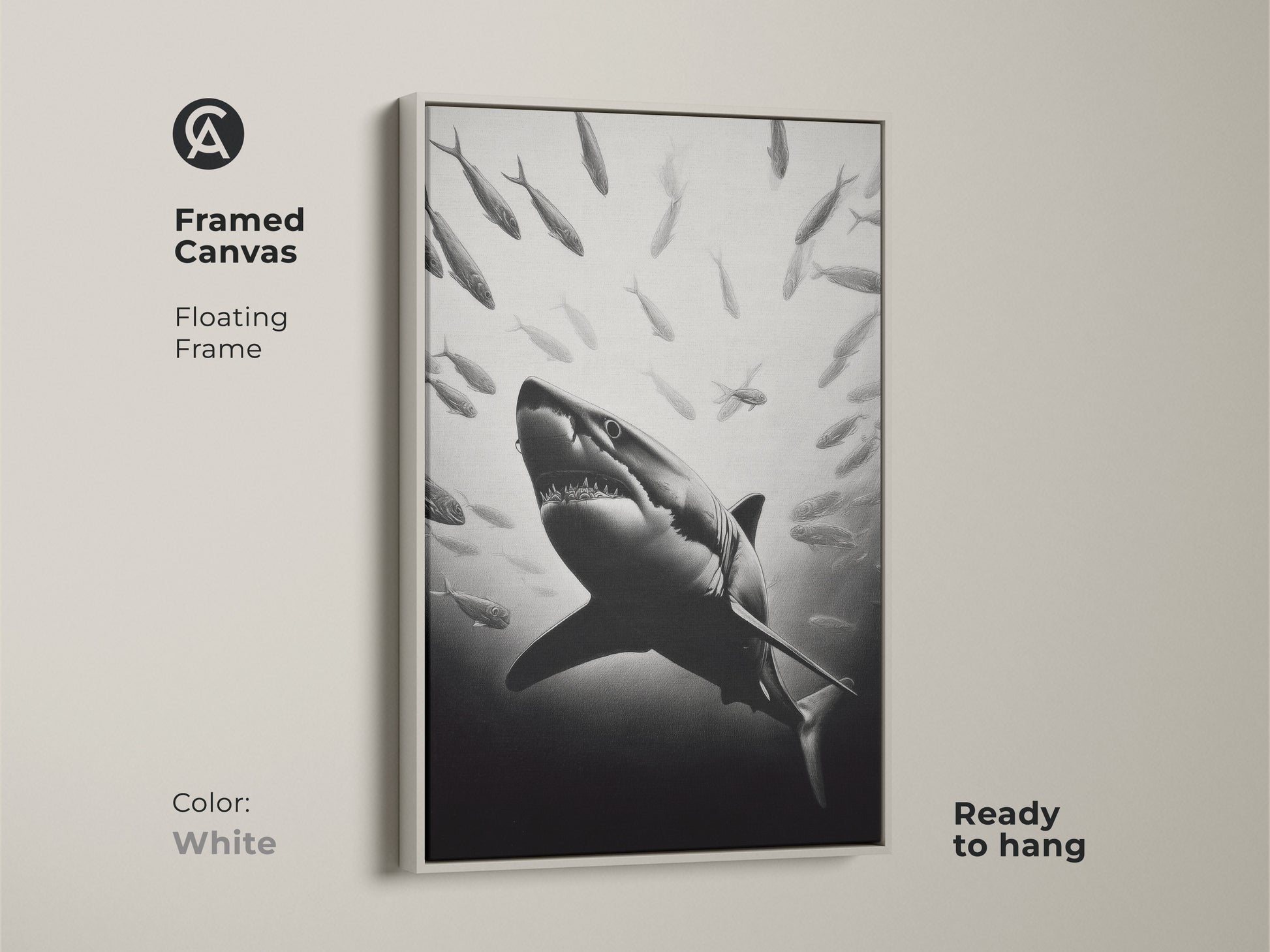 Framed canvas with floating frame in white color. The ocean wildlife artwork is ready to hang. This black and white decor is a perfect statement piece for shark lovers. Add a unique blend of art and nature.