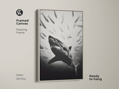 Framed canvas with floating frame in white color. The ocean wildlife artwork is ready to hang. This black and white decor is a perfect statement piece for shark lovers. Add a unique blend of art and nature.