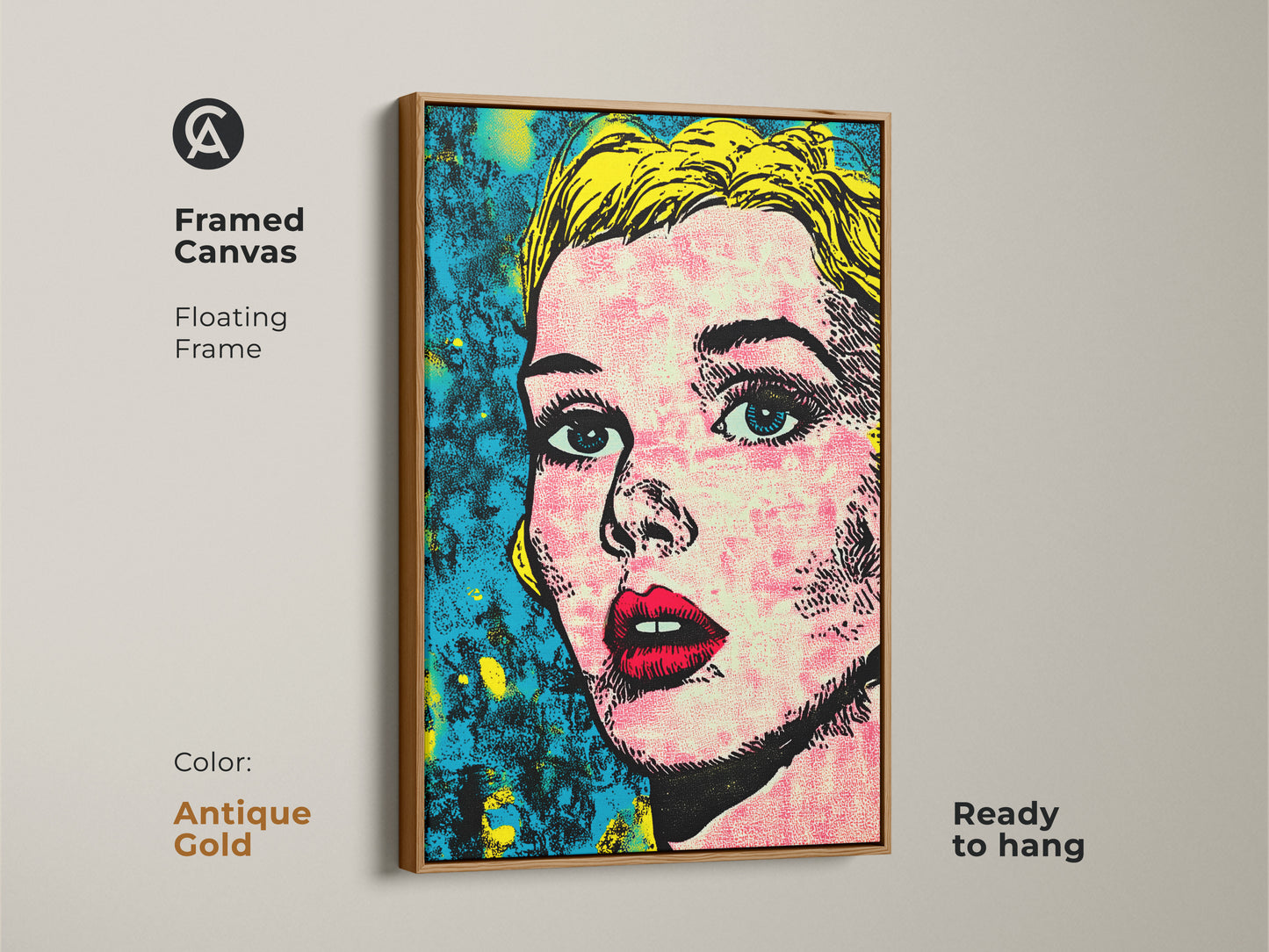 Framed canvas of a pop art portrait with an antique gold floating frame. The metallic frame adds a touch of luxury. Ready to hang this striking piece elevates any room. Perfect for adding character.