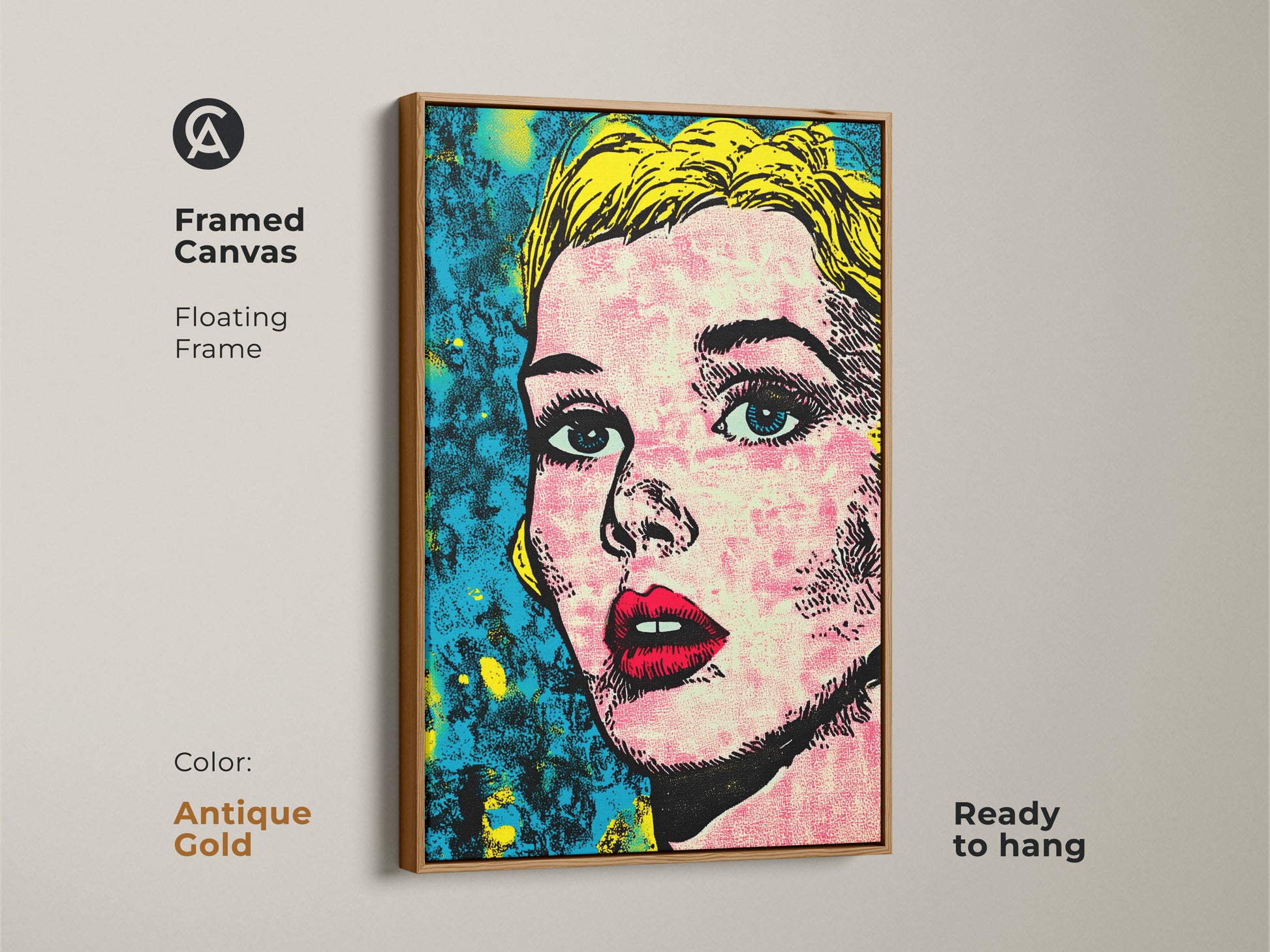 Framed canvas of a pop art portrait with an antique gold floating frame. The metallic frame adds a touch of luxury. Ready to hang this striking piece elevates any room. Perfect for adding character.