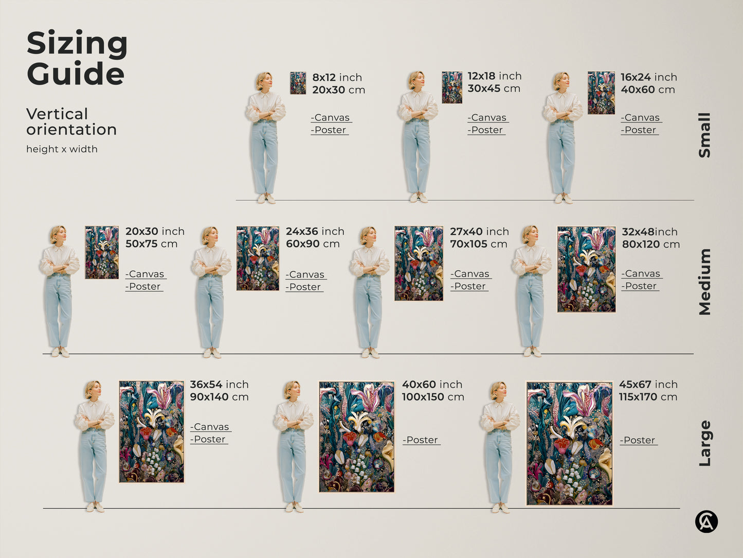 A sizing guide for vertical surreal botanical art. Shown are canvas and poster prints with Lily of the Valley and Tulip floral art. Sizes range from small to large. This deep green pink and teal fantasy artwork is perfect for eclectic home decor. Find your ideal fit.