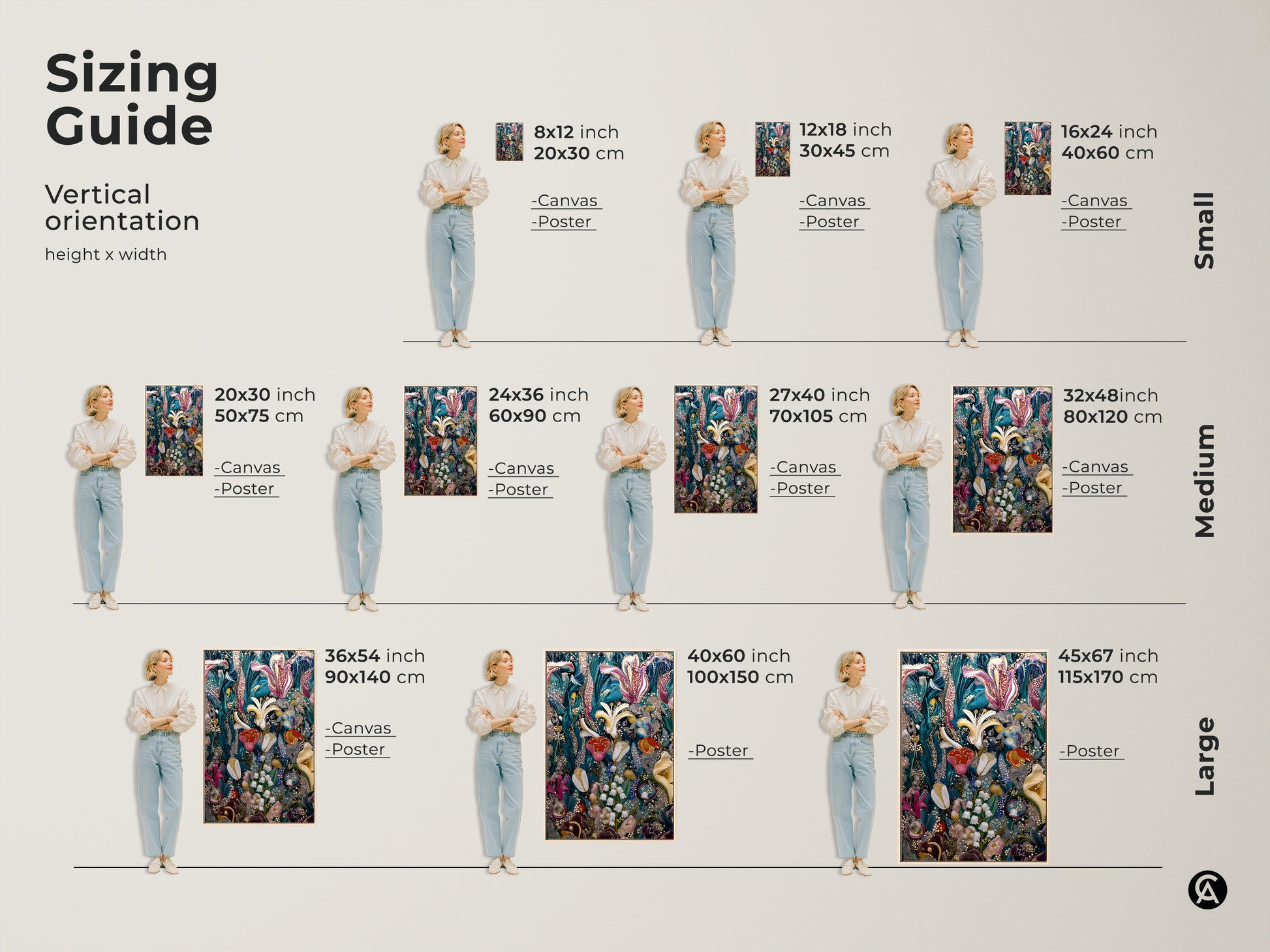 A sizing guide for vertical surreal botanical art. Shown are canvas and poster prints with Lily of the Valley and Tulip floral art. Sizes range from small to large. This deep green pink and teal fantasy artwork is perfect for eclectic home decor. Find your ideal fit.