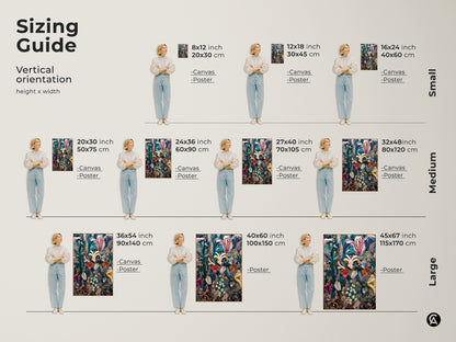 A sizing guide for vertical surreal botanical art. Shown are canvas and poster prints with Lily of the Valley and Tulip floral art. Sizes range from small to large. This deep green pink and teal fantasy artwork is perfect for eclectic home decor. Find your ideal fit.
