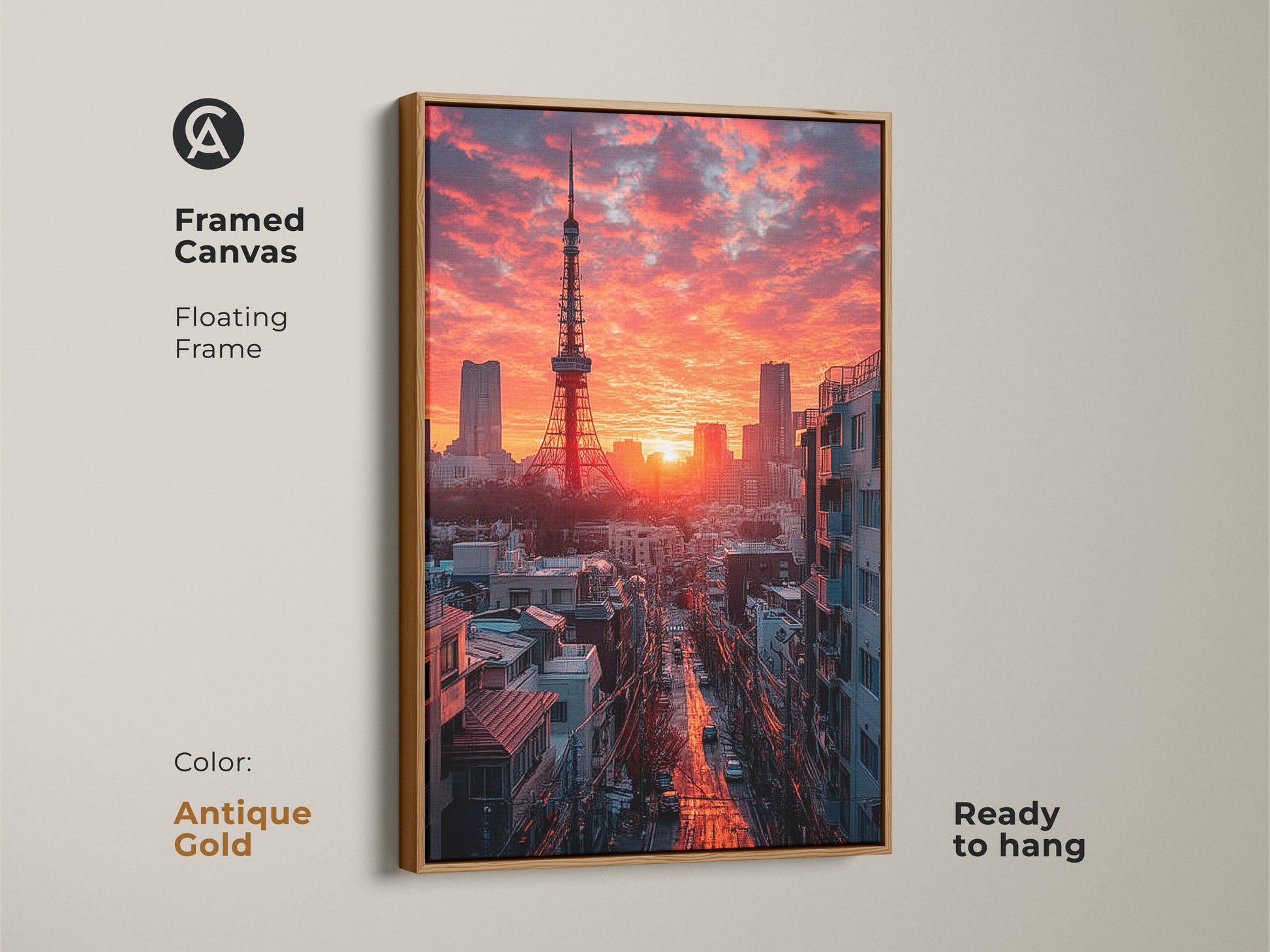 This Framed Canvas highlights Tokyo Tower under a crimson sky. This urban photography art features an antique gold floating frame. Ready to hang this skyscraper skyline art makes a striking addition. Ideal contemporary home decor showcases Japanese architecture.