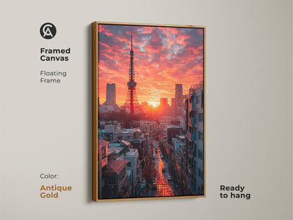 This Framed Canvas highlights Tokyo Tower under a crimson sky. This urban photography art features an antique gold floating frame. Ready to hang this skyscraper skyline art makes a striking addition. Ideal contemporary home decor showcases Japanese architecture.