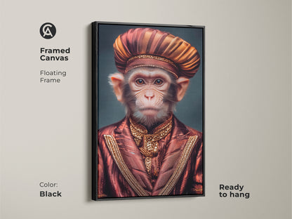 A framed canvas of a regal monkey art print. The surreal portrait features a monkey in an ornate red and gold suit and turban. The floating frame is black. Ready to hang the eclectic animal wall art adds a sophisticated element to any space. It is a perfect study room home office decor.