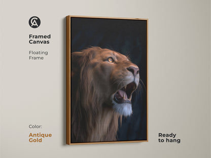 Framed canvas artwork of a photorealistic lion with an antique gold floating frame. This wildlife animal art is ready to hang. This majestic animal print is perfect as eclectic home decor. The roaring lion poster adds a touch of wild beauty.