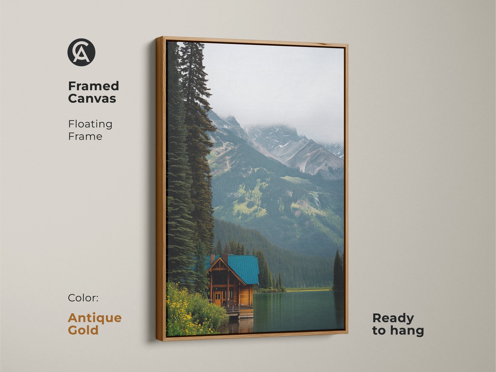 Antique Gold Framed Canvas with Floating Frame. This teal blue green art captures a serene lake artwork. Perfect for rustic lodge wall art. Bring the beauty of the outdoors into your living room or bedroom.
