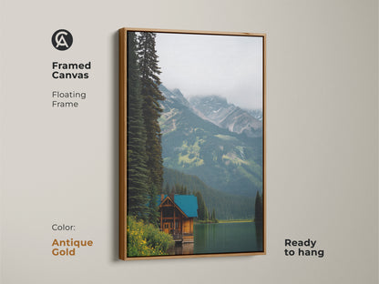 Antique Gold Framed Canvas with Floating Frame. This teal blue green art captures a serene lake artwork. Perfect for rustic lodge wall art. Bring the beauty of the outdoors into your living room or bedroom.