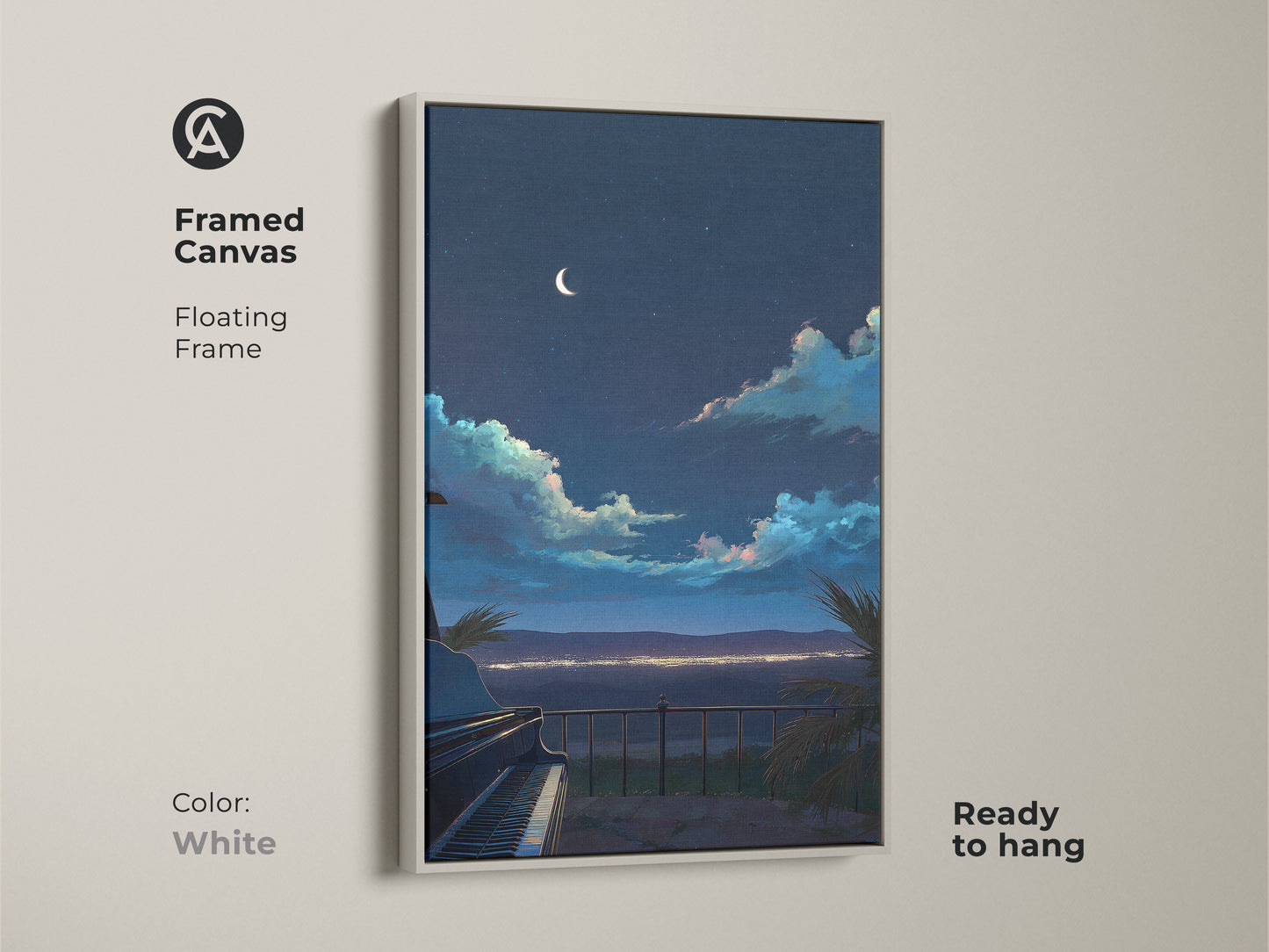 Framed canvas art featuring a grand piano and night sky. This eclectic music room decor features a floating white frame. The atmospheric night art is ready to hang.