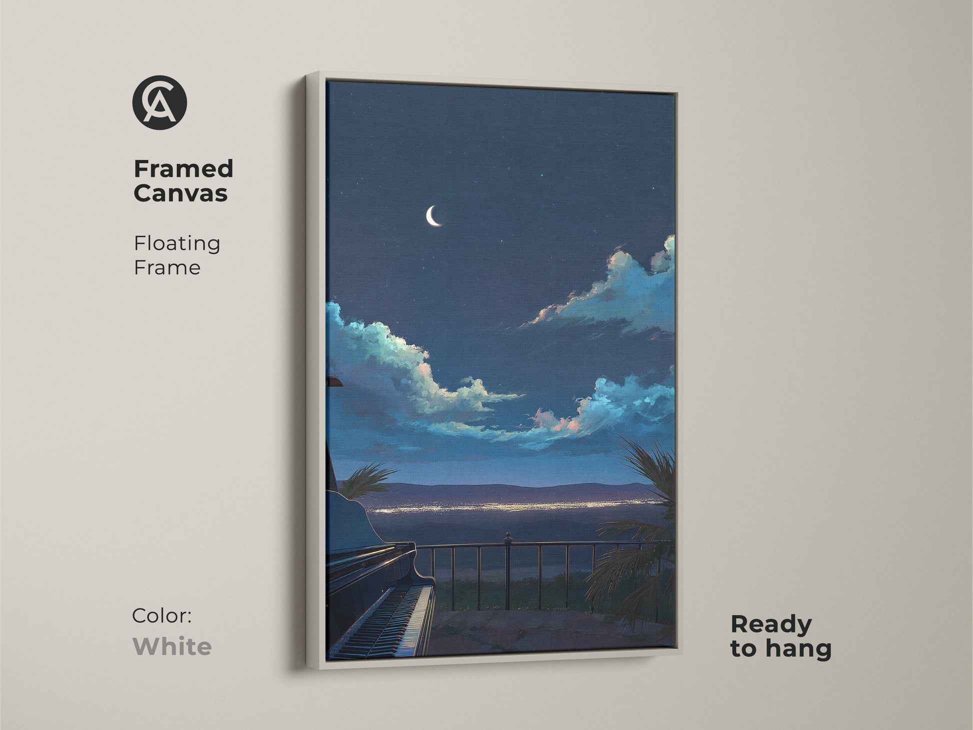 Framed canvas art featuring a grand piano and night sky. This eclectic music room decor features a floating white frame. The atmospheric night art is ready to hang.