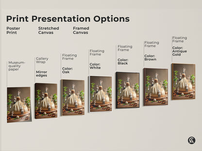 Explore print presentation options for culinary art. Choose from poster prints stretched canvas and framed canvas. Options include gallery wrap mirror edges and floating frames in various colors. Find the perfect kitchen art.