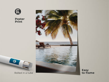 Poster Print of Beachside Paradise. Rolled in a tube it is easy to frame. This museum-quality paper features a photorealistic palm tree and teal ocean view. Coastal home decor wall art for a tropical touch. Serene ocean landscape print.