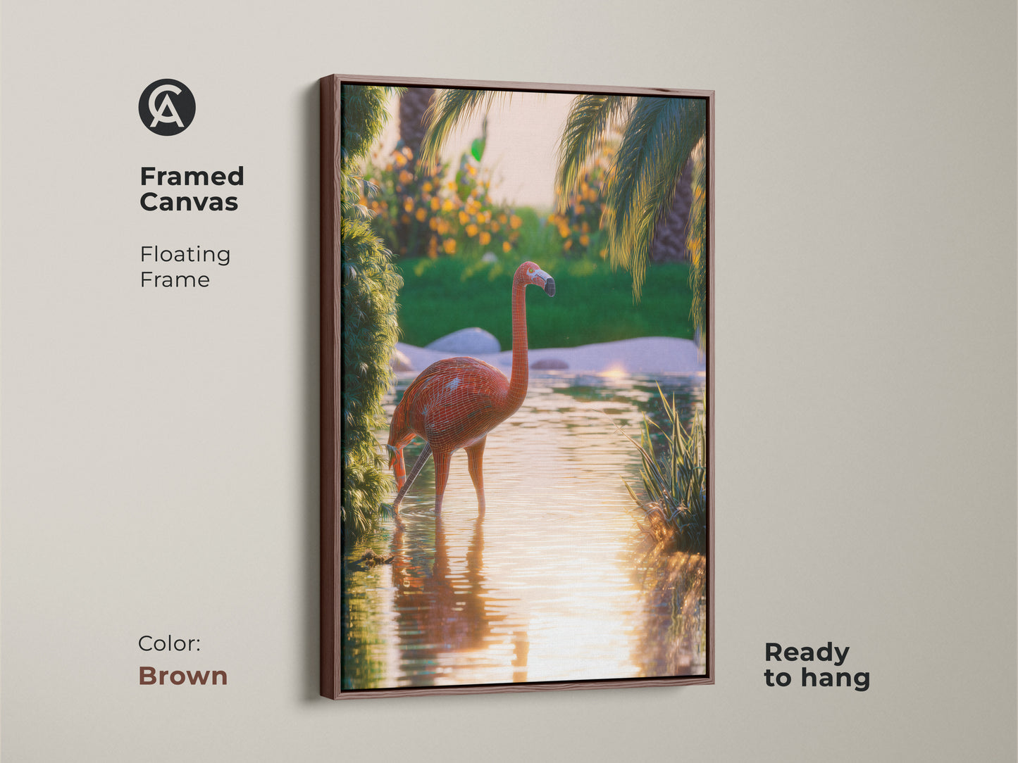 This framed canvas features vibrant flamingo artwork ready to hang. The floating frame in brown enhances the tropical nature canvas art. See the surreal flamingo in a lush palm tree scene. Coral orange green artwork adds a boho chic touch. Perfect for animal lovers seeking nature inspired wall art.