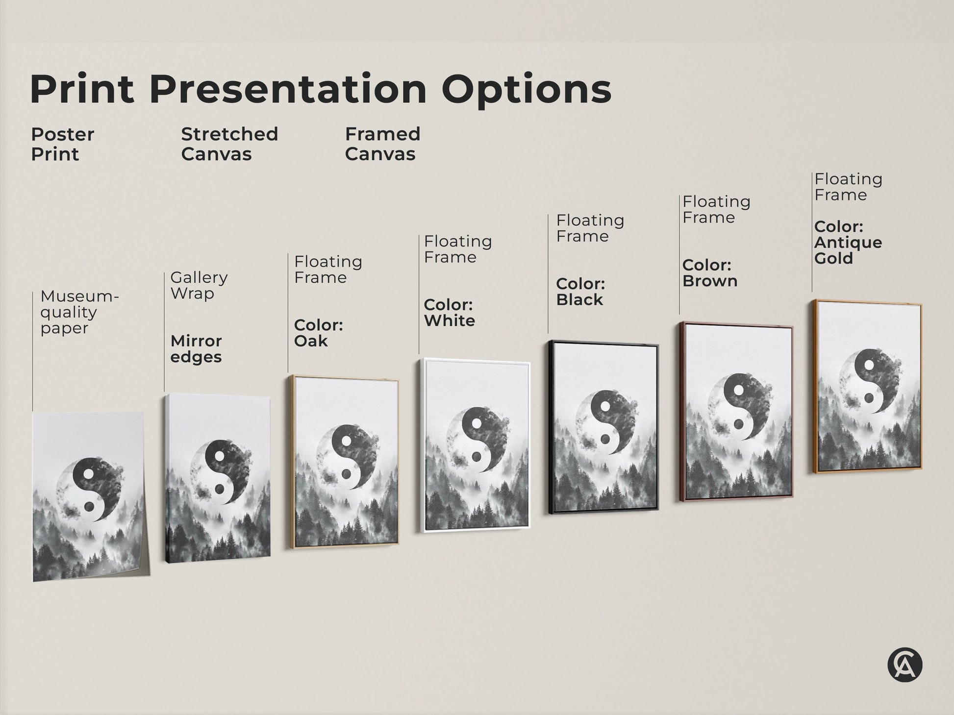Explore print presentation options for Yin Yang forest art. Options include poster print stretched canvas and framed canvas. Each offers a unique way to display monochrome forest prints.
