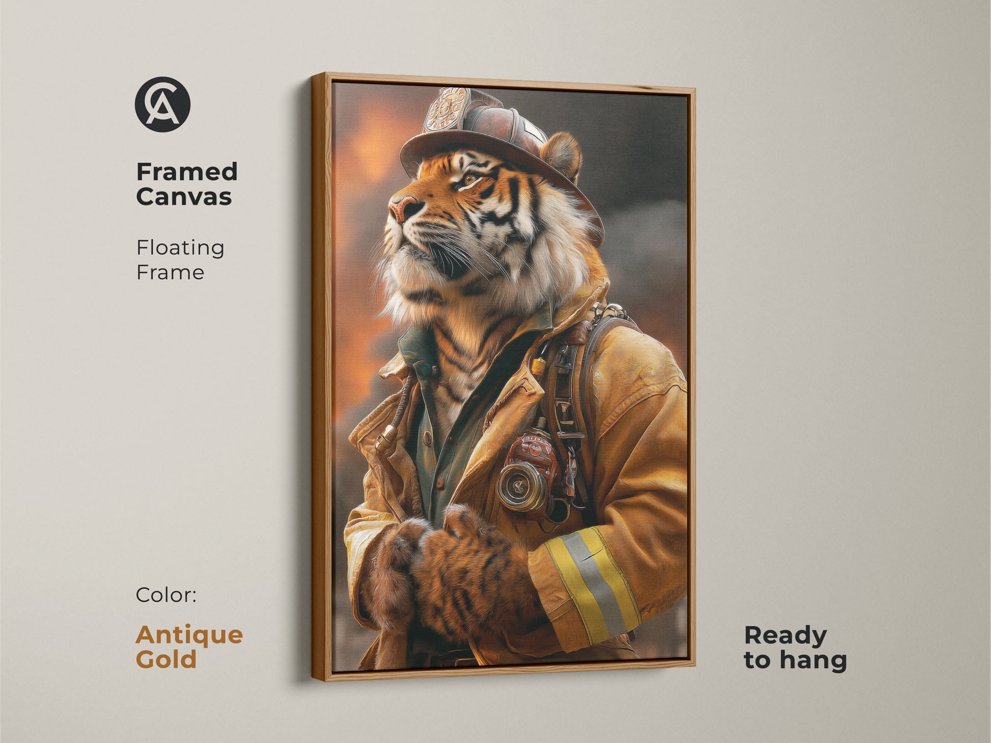 Antique gold framed canvas featuring a tiger firefighter. The floating frame ensures it's ready to hang. This warm toned artwork is a unique office accessory and a bold statement piece for eclectic wall decor. Makes a memorable firefighter themed gift.