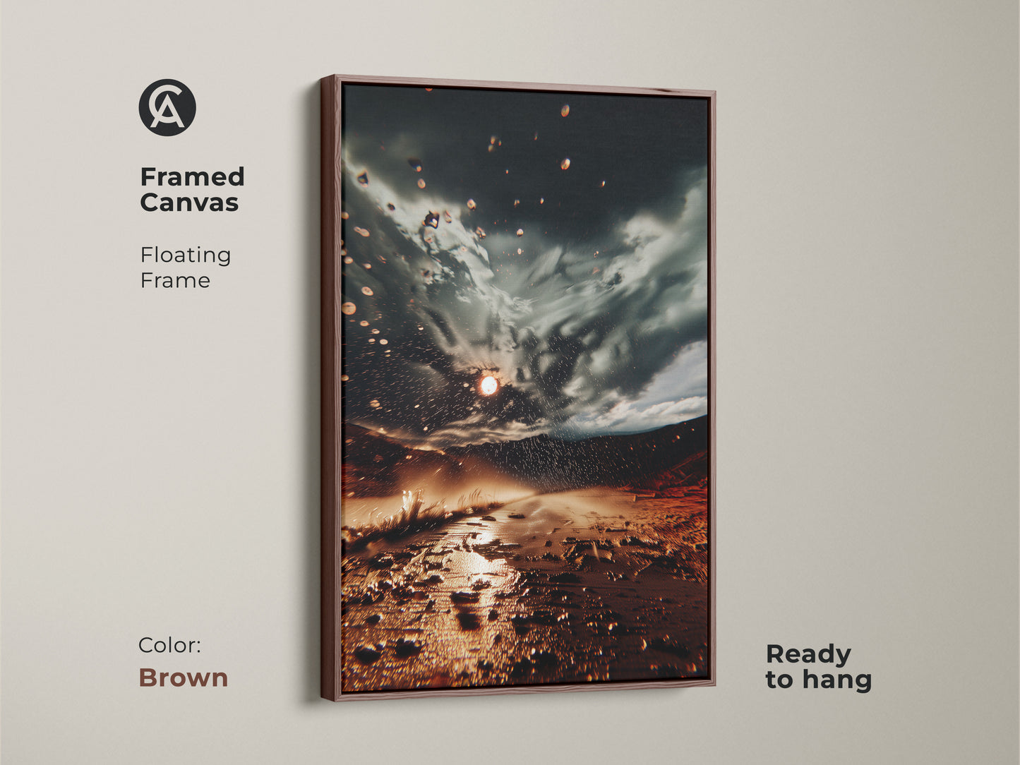 Framed Canvas with a brown floating frame highlighting stormy sky landscape art. This orange and gray artwork brings eclectic decor to your living room. Ready to hang unique wall hanging print.