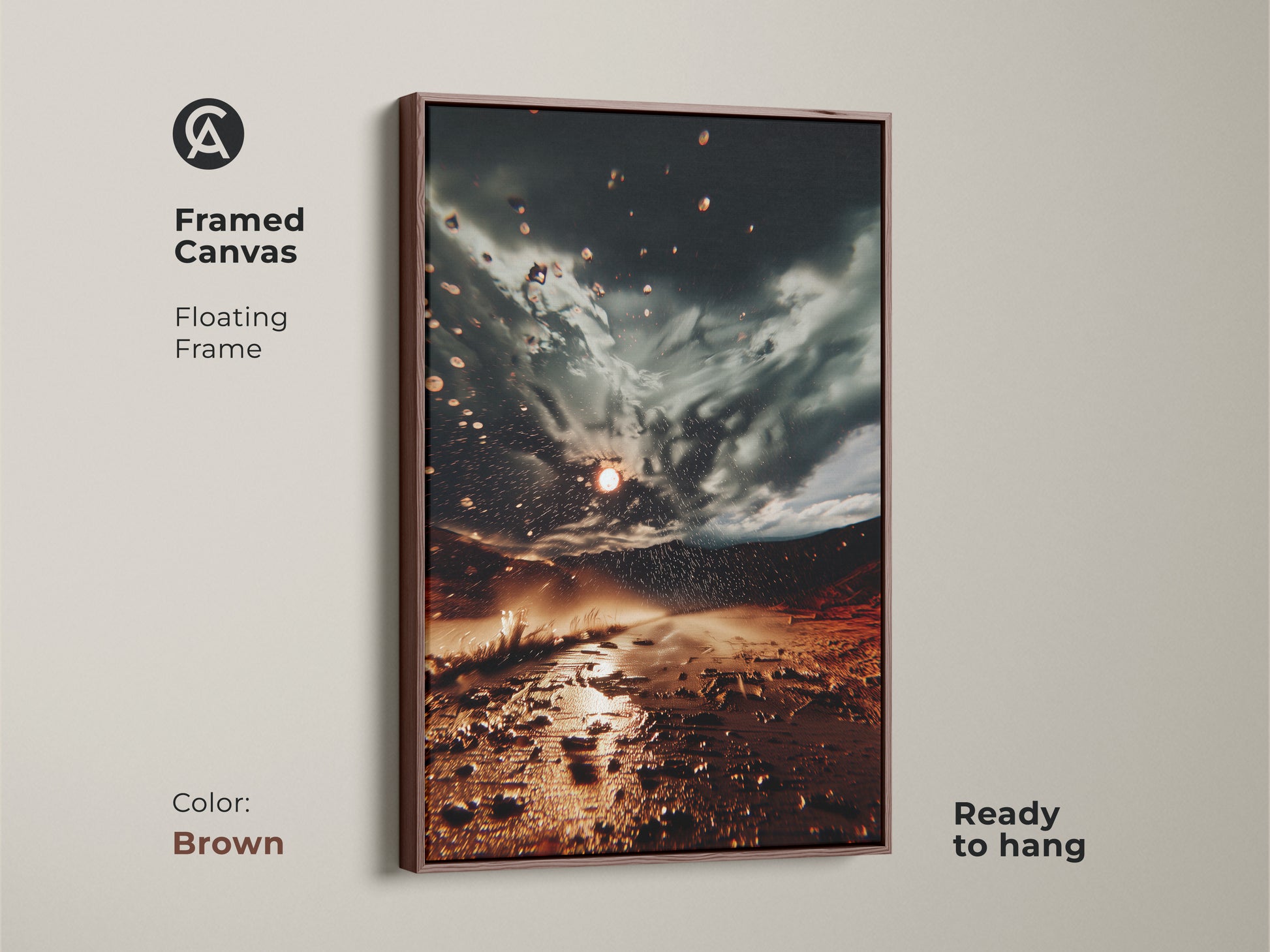 Framed Canvas with a brown floating frame highlighting stormy sky landscape art. This orange and gray artwork brings eclectic decor to your living room. Ready to hang unique wall hanging print.