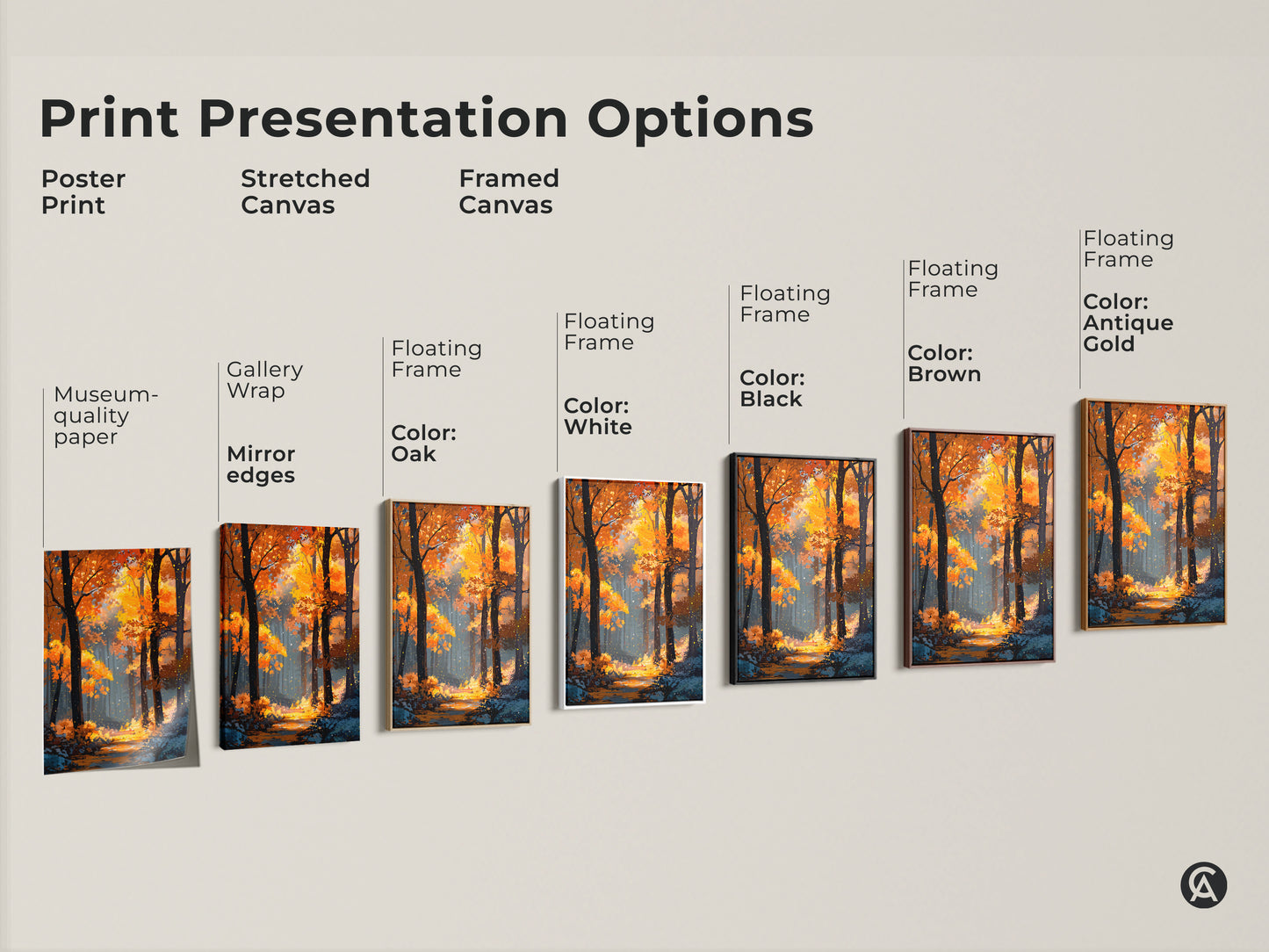 Explore print presentation options for autumn forest artwork. Available as a poster print stretched canvas or framed canvas. Choose from various floating frame colors like black brown antique gold and white.