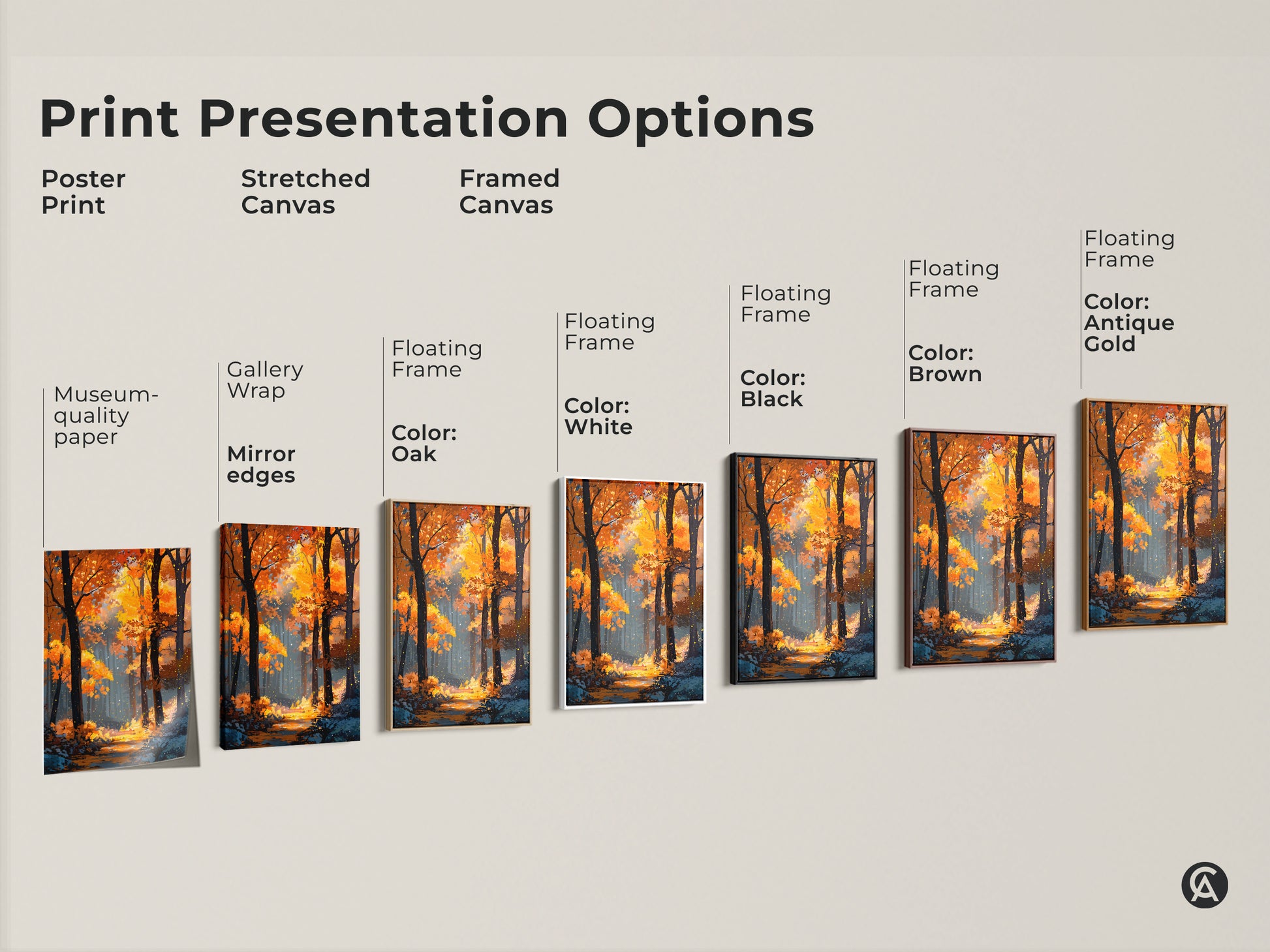 Explore print presentation options for autumn forest artwork. Available as a poster print stretched canvas or framed canvas. Choose from various floating frame colors like black brown antique gold and white.