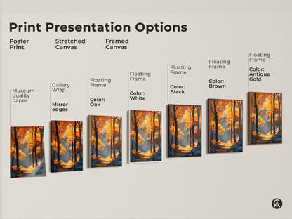 Explore print presentation options for autumn forest artwork. Available as a poster print stretched canvas or framed canvas. Choose from various floating frame colors like black brown antique gold and white.
