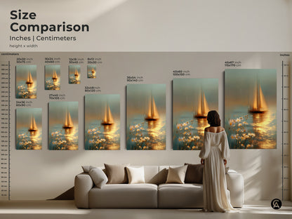 Size comparison of impressionistic sailboat art prints. Ranging from small 8x12 to large 45x67. This dreamy seascape canvas adds beauty to any room. Perfect for nautical home decor. A great gift for any sailor or sea lover.