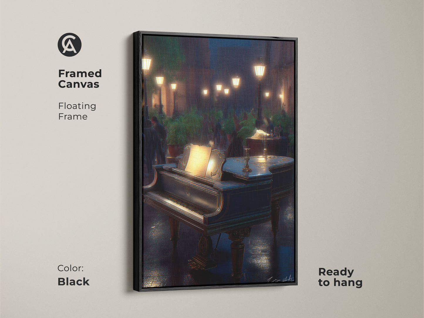 Enhance your decor with this framed Grand Piano Canvas. It shows a rainy cityscape with romantic music notes. This black floating frame adds elegance to any space ready for wall hanging.