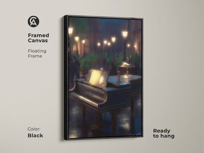 Enhance your decor with this framed Grand Piano Canvas. It shows a rainy cityscape with romantic music notes. This black floating frame adds elegance to any space ready for wall hanging.