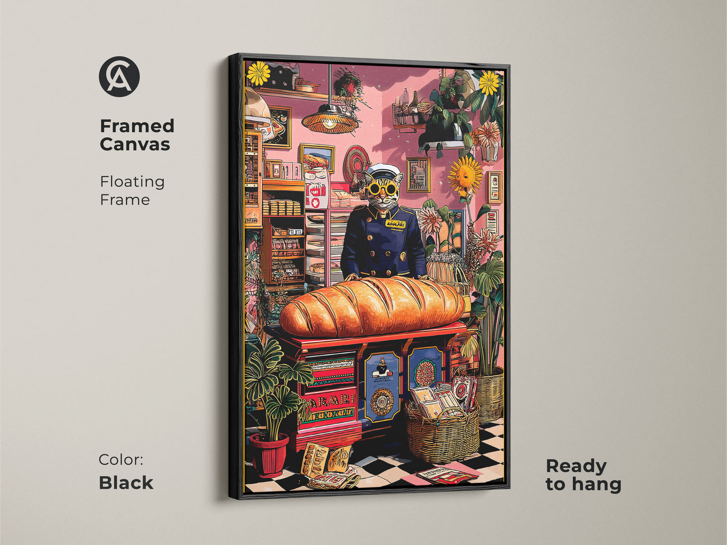 A framed canvas Cat Baker Art Print with a black floating frame. This surreal animal artwork is ready to hang. The unique housewarming canvas makes it perfect for eclectic kitchen wall decor. This quirky cat painting brings a modern look.
