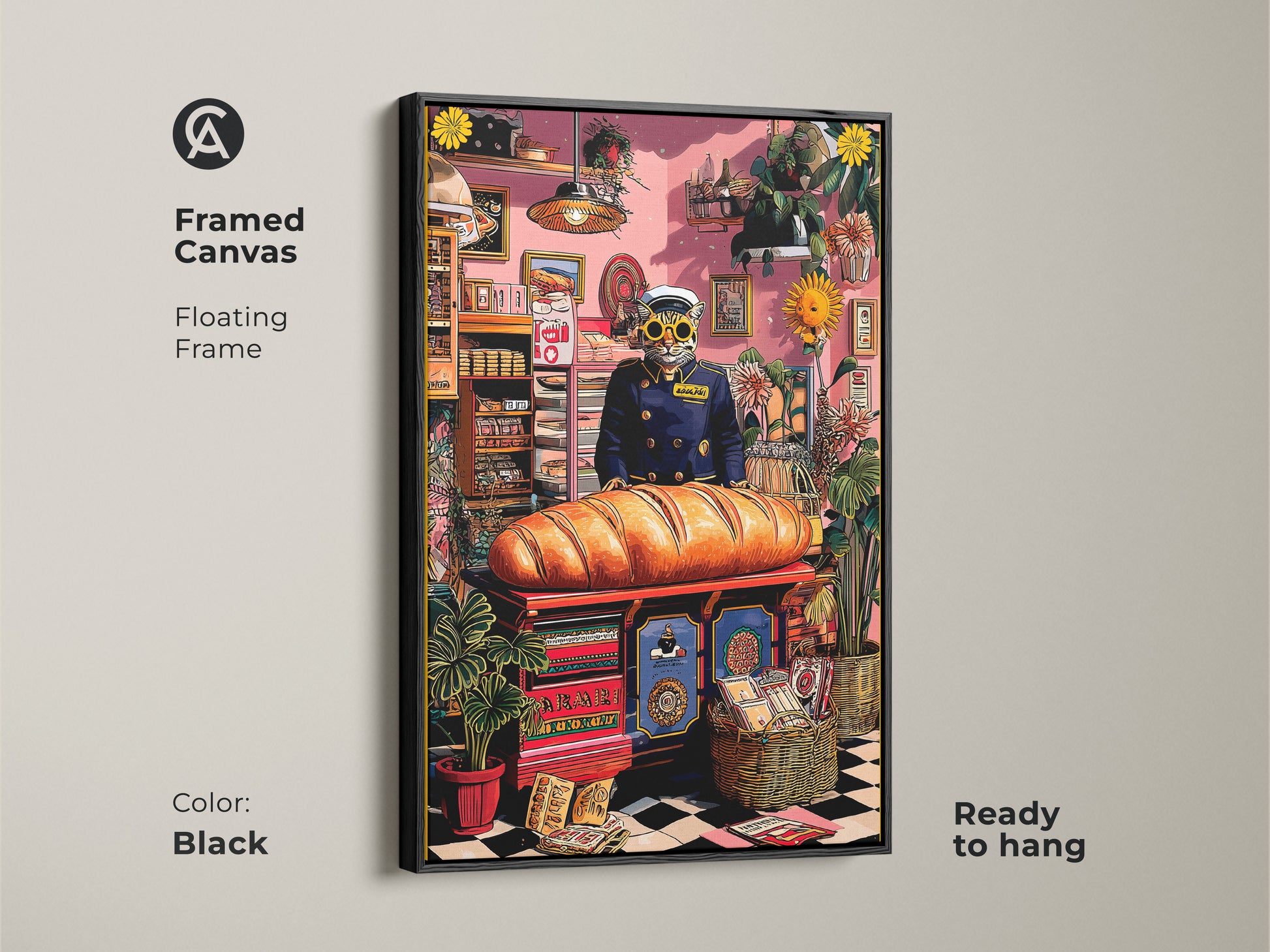 A framed canvas Cat Baker Art Print with a black floating frame. This surreal animal artwork is ready to hang. The unique housewarming canvas makes it perfect for eclectic kitchen wall decor. This quirky cat painting brings a modern look.