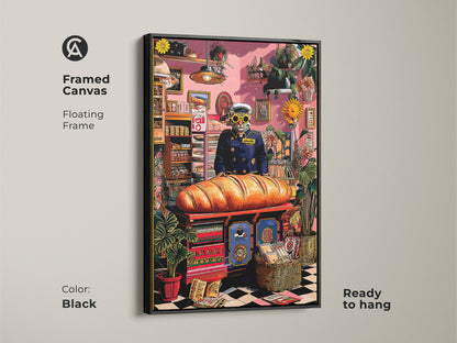 A framed canvas Cat Baker Art Print with a black floating frame. This surreal animal artwork is ready to hang. The unique housewarming canvas makes it perfect for eclectic kitchen wall decor. This quirky cat painting brings a modern look.