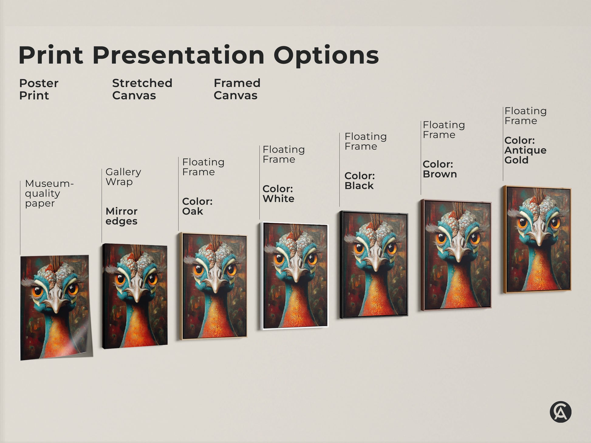 Print presentation options for the teal orange peacock art. Poster print stretched canvas and framed canvas are all available. Choose black brown oak or white frames. Avian artwork for any room.