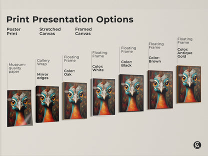 Print presentation options for the teal orange peacock art. Poster print stretched canvas and framed canvas are all available. Choose black brown oak or white frames. Avian artwork for any room.
