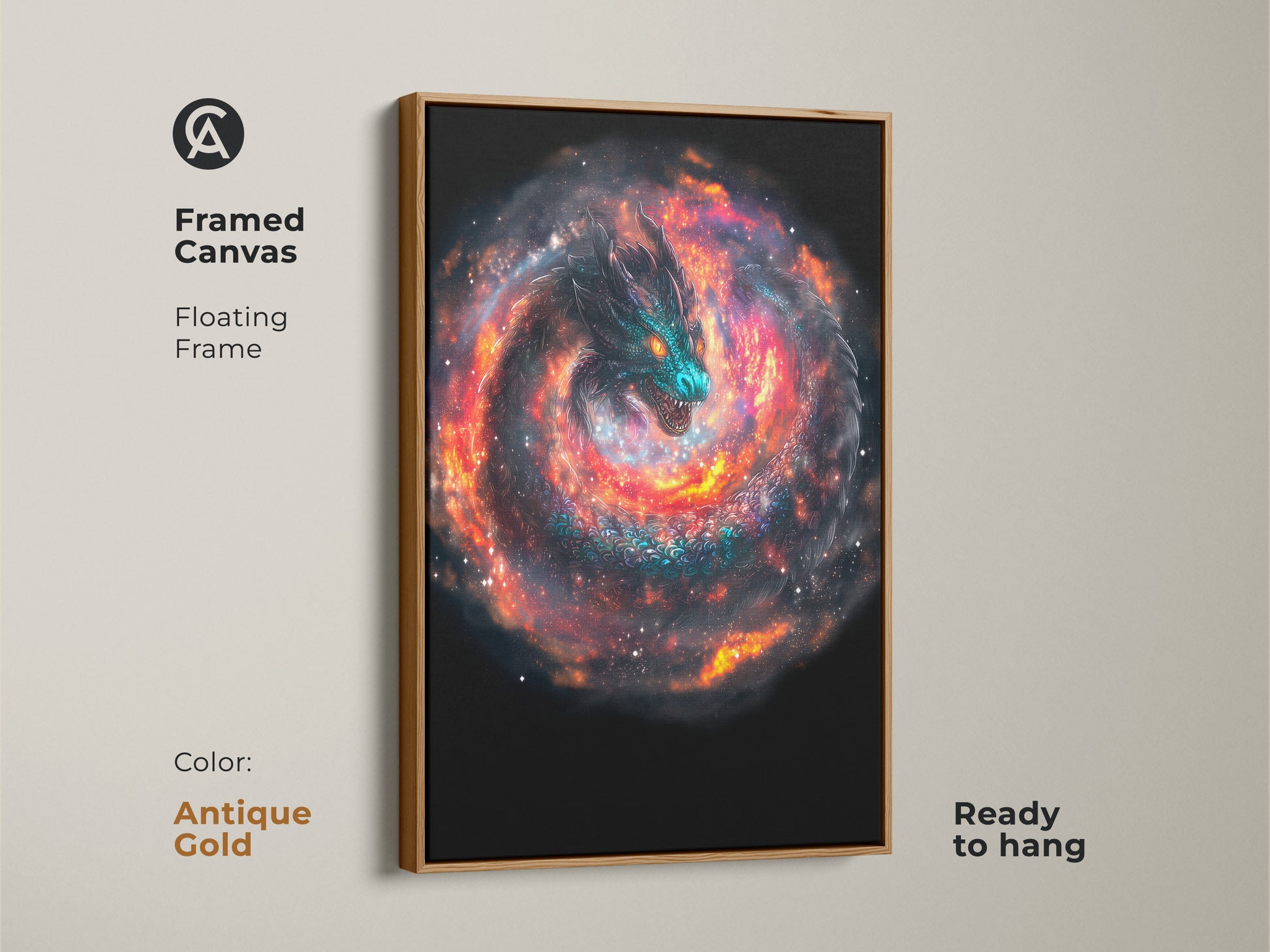 Framed canvas featuring a cosmic dragon. The floating frame is in antique gold. Ready to hang and adds an elegant touch. This artwork is perfect for sci-fi and fantasy lovers. A great piece of celestial dragon artwork.