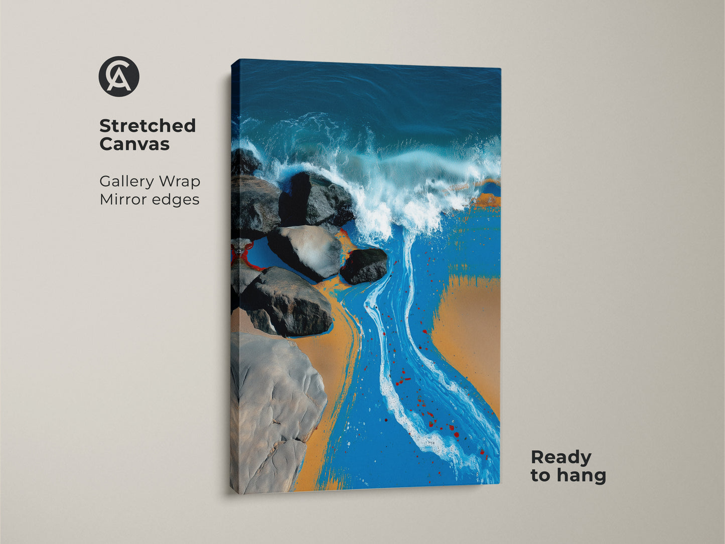 Stretched canvas print featuring abstract ocean waves. This coastal beach wall decor showcases deep blues teals and vibrant orange accents. Ideal for modern coastal living room art it's ready to hang.