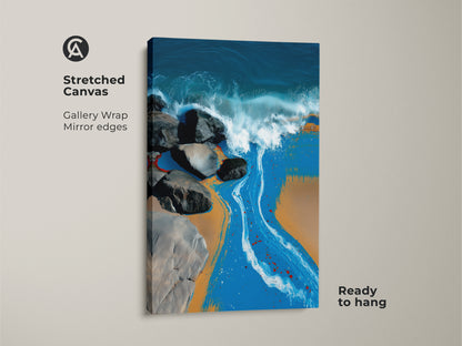 Stretched canvas print featuring abstract ocean waves. This coastal beach wall decor showcases deep blues teals and vibrant orange accents. Ideal for modern coastal living room art it's ready to hang.