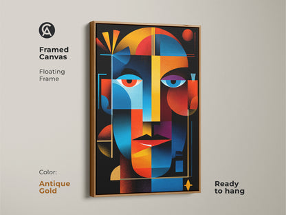 Framed canvas showcasing abstract face art. The floating frame comes in antique gold. The colorful geometric artwork is ready to hang. It's a sophisticated addition to any art collection.
