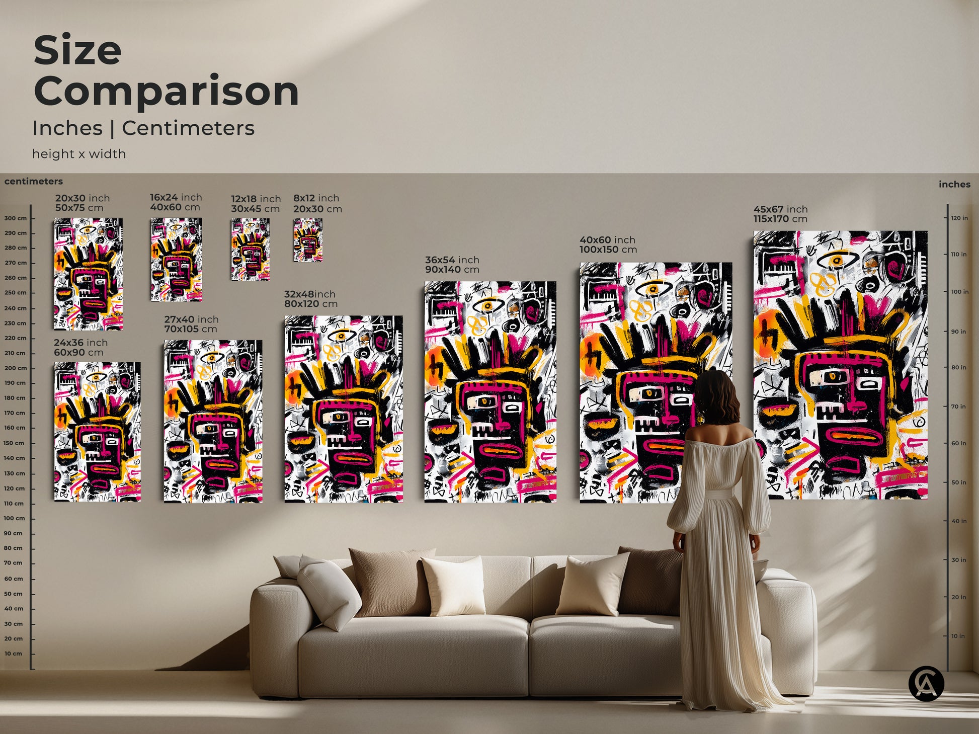 Size comparison of abstract face art prints. See how different sizes look in a living space. Ranging from small 8x12 inch prints to large 45x67 inch canvases. Visualize the impact of this unique artwork in your home.