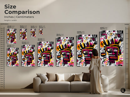 Size comparison of abstract face art prints. See how different sizes look in a living space. Ranging from small 8x12 inch prints to large 45x67 inch canvases. Visualize the impact of this unique artwork in your home.