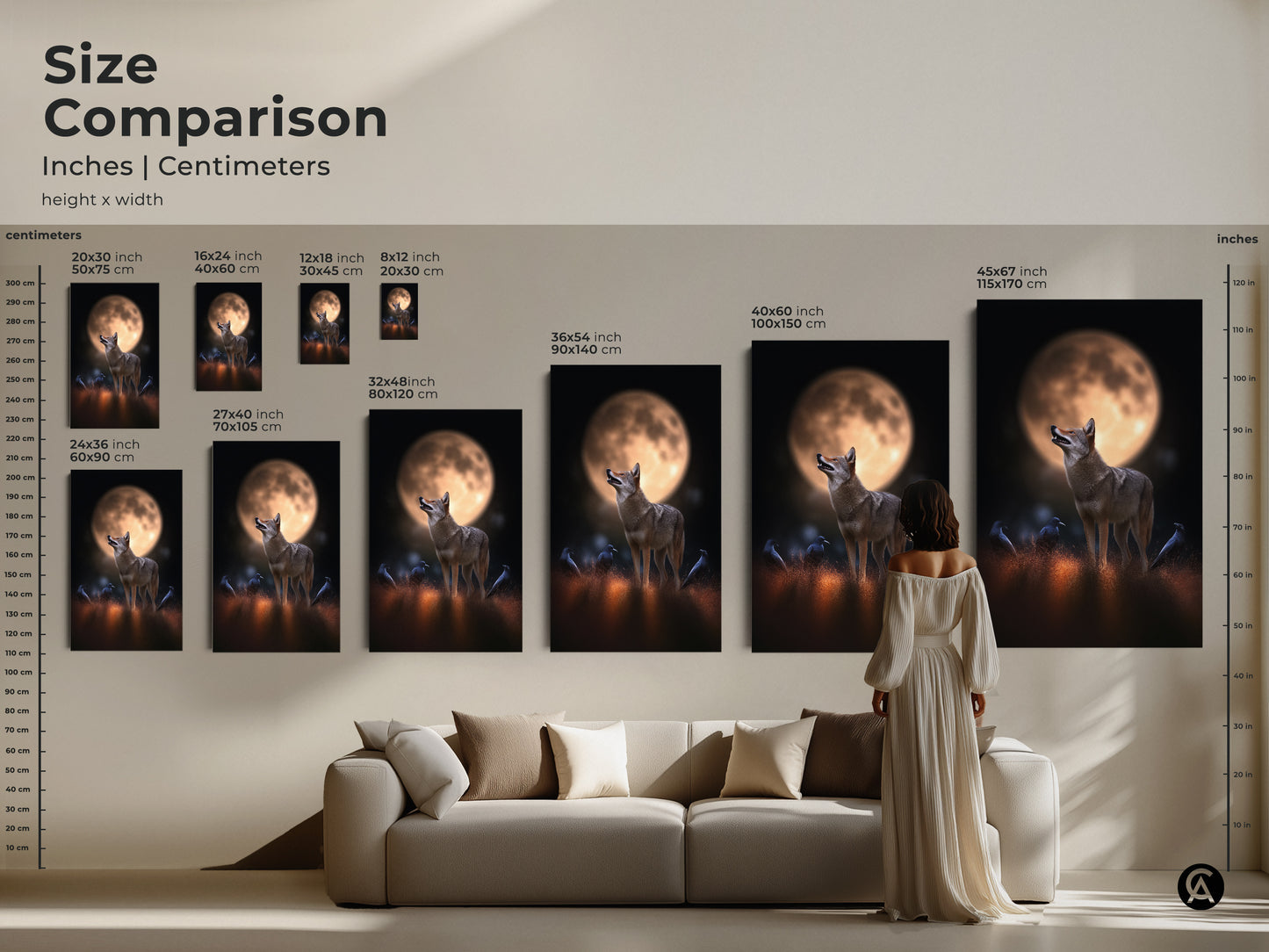 Size comparison inches and centimeters for coyote and crows wall art. See how the artwork looks in different sizes above a couch. Choose from 20x30 cm to 45x67 inch canvas or poster prints. The rustic wildlife artwork adds charm to any living room.