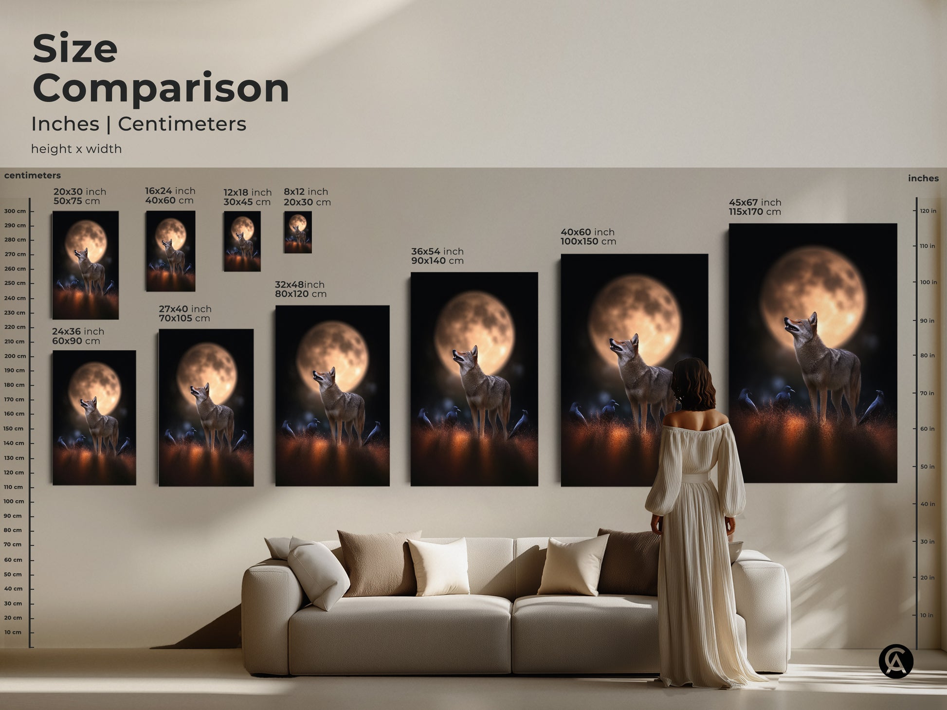 Size comparison inches and centimeters for coyote and crows wall art. See how the artwork looks in different sizes above a couch. Choose from 20x30 cm to 45x67 inch canvas or poster prints. The rustic wildlife artwork adds charm to any living room.