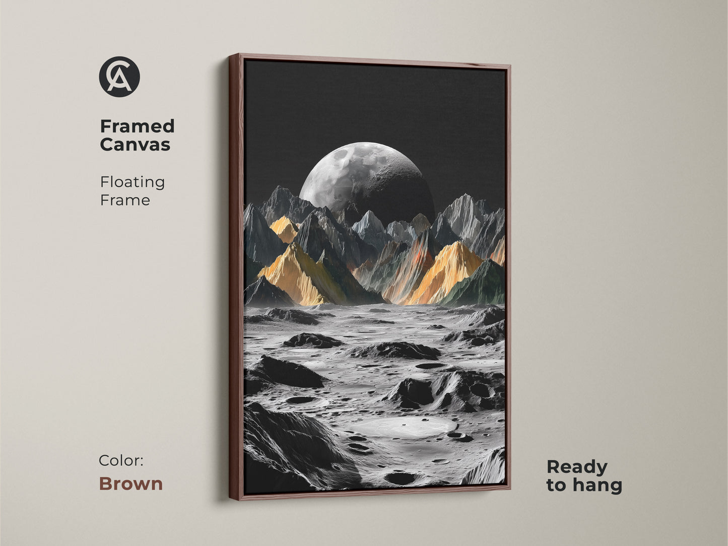 Framed canvas showcases floating frame in brown. The surreal moon landscape art print features dramatic lunar mountains under a dark sky. The prominent moon adds a cosmic touch. It is a great contemporary wall decor. An ideal housewarming gift for sci-fi fans and astronomy enthusiasts.