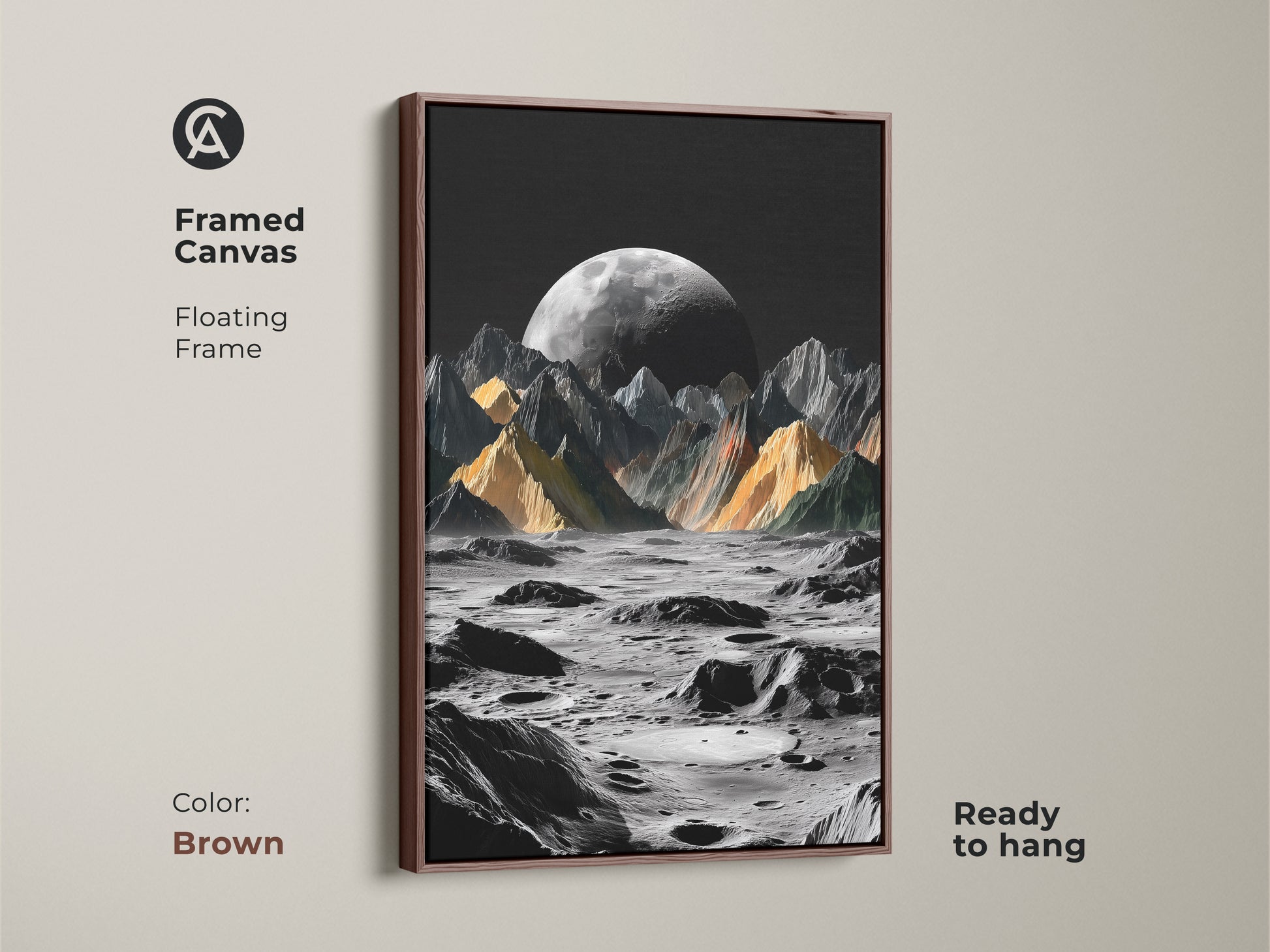Framed canvas showcases floating frame in brown. The surreal moon landscape art print features dramatic lunar mountains under a dark sky. The prominent moon adds a cosmic touch. It is a great contemporary wall decor. An ideal housewarming gift for sci-fi fans and astronomy enthusiasts.