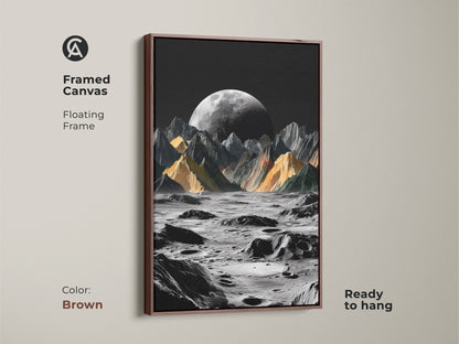 Framed canvas showcases floating frame in brown. The surreal moon landscape art print features dramatic lunar mountains under a dark sky. The prominent moon adds a cosmic touch. It is a great contemporary wall decor. An ideal housewarming gift for sci-fi fans and astronomy enthusiasts.