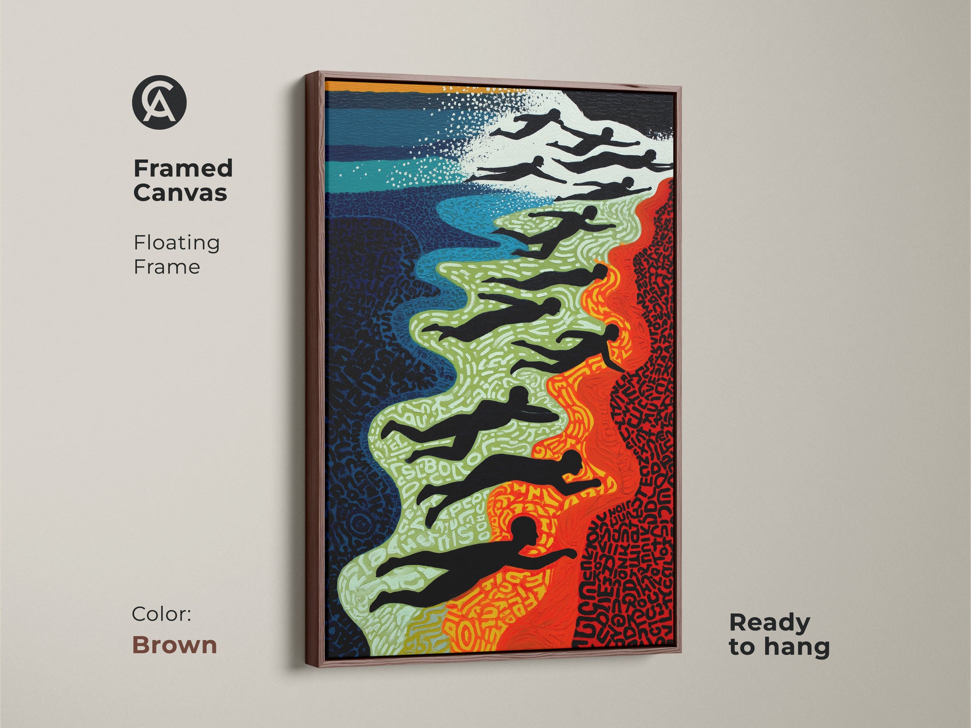 Brown framed canvas of Abstract Swimmers Wall Art. This coastal home decor is ready to hang. The red blue and green artwork is a unique folk style.