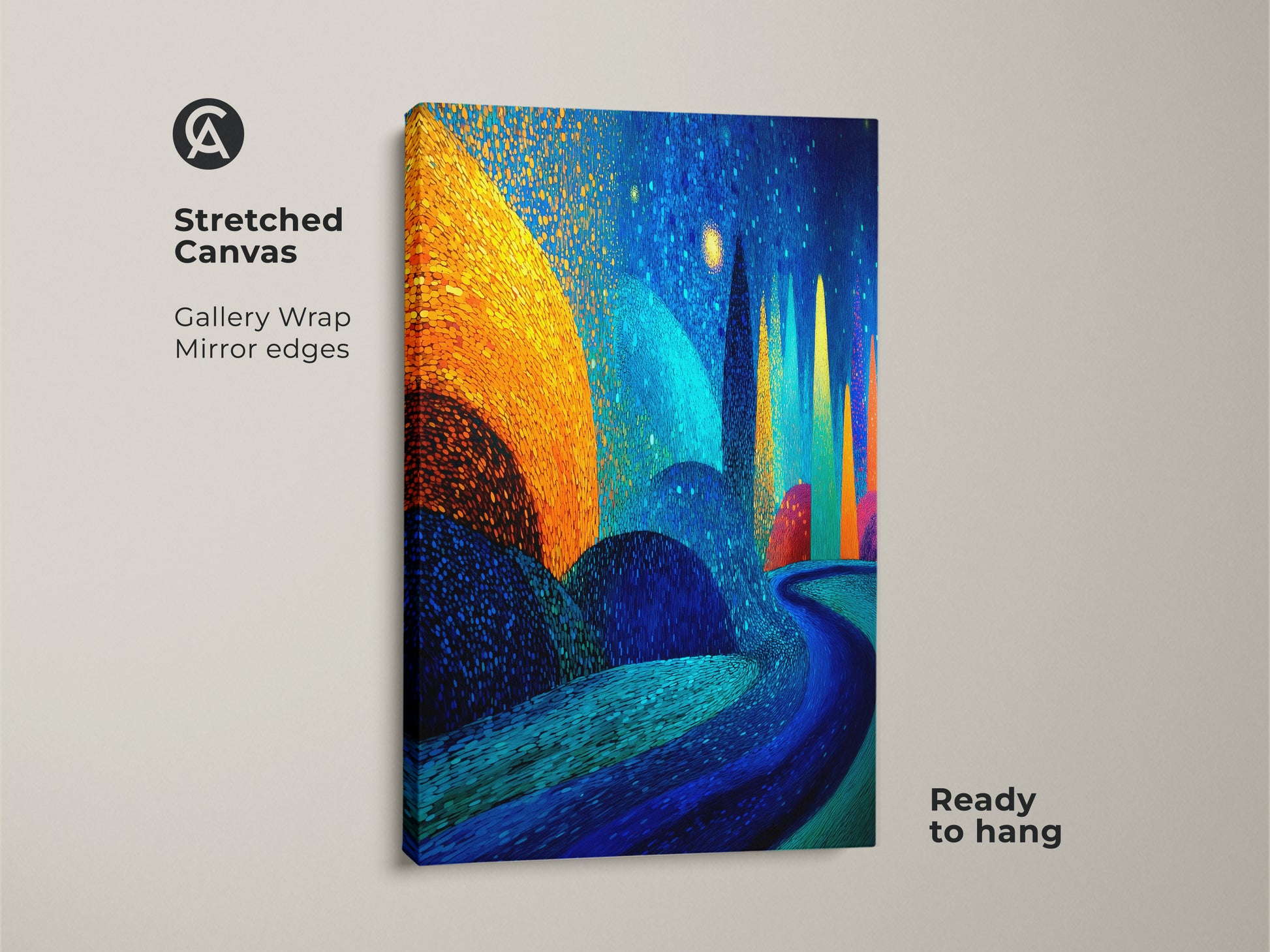 A stretched canvas of deep blue and gold artwork. Gallery wrapped mirror edges add to the colorful abstract painting. Ready to hang abstract landscape wall art that is perfect for eclectic bedroom decor.